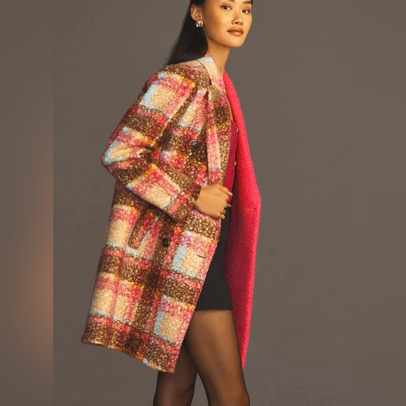 Anthropologie NVLT Plaid Houndstooth Fuchsia Pink Pea Coat Jacket XS 0 2 NWT 💖 - Picture 13 of 13